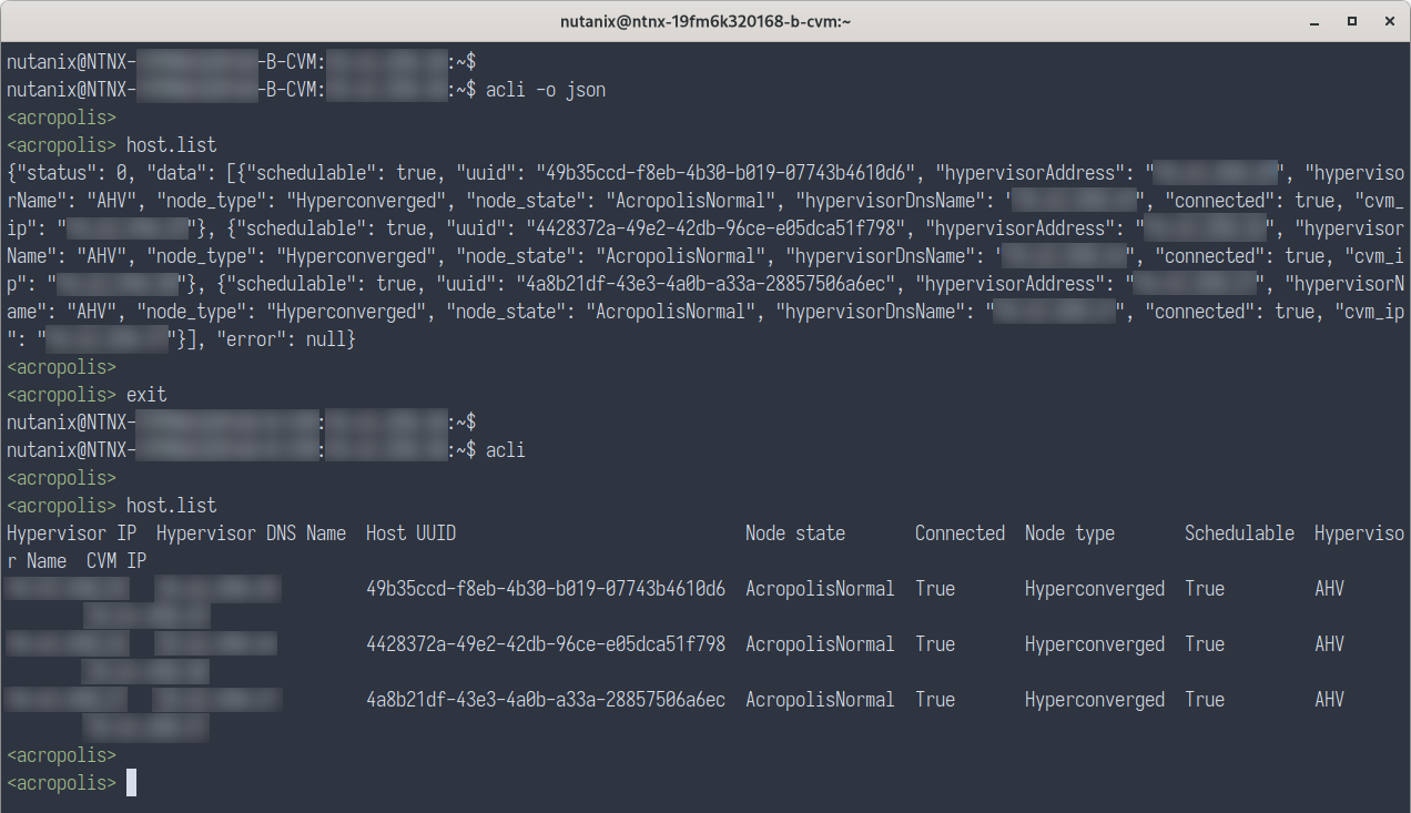 Tabulated vs JSON output from aCLI