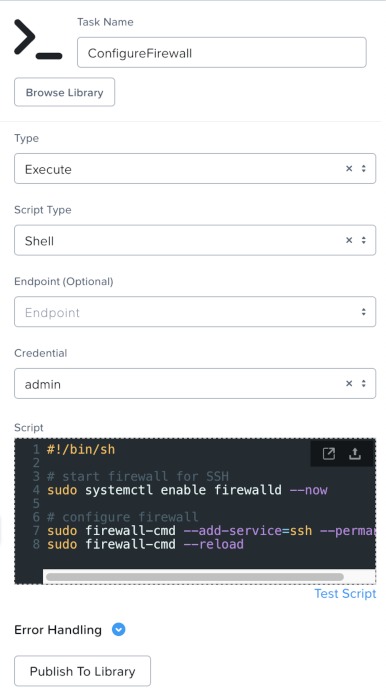 Package Install step to configure the example VM's firewall
